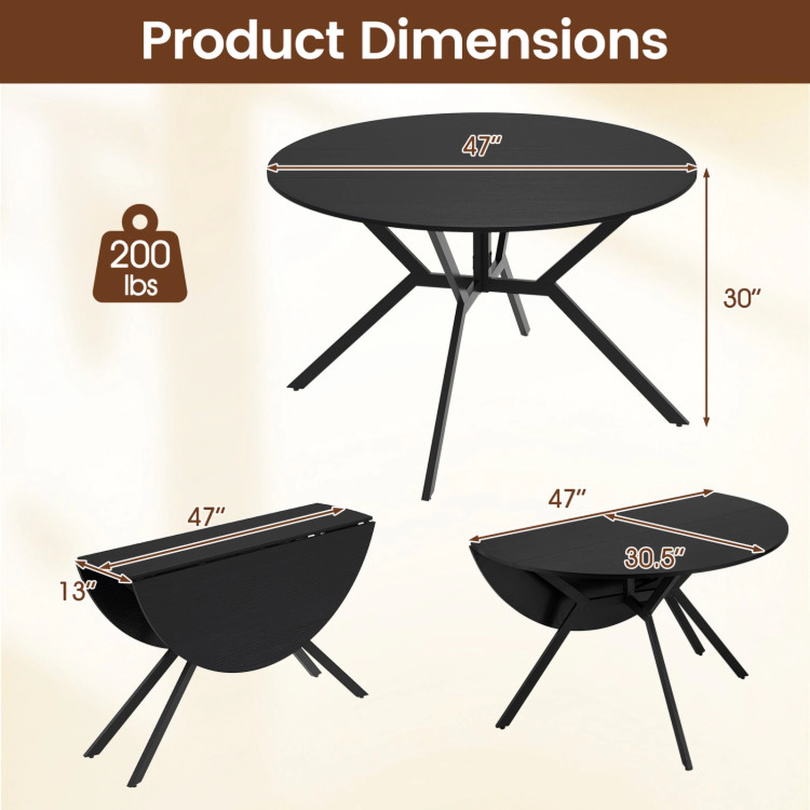SUGIFT Folding Extendable Round Dining Table with Drop Leaves 200-lb Capacity 47-in Top 36.5-lb Metal MDF Black