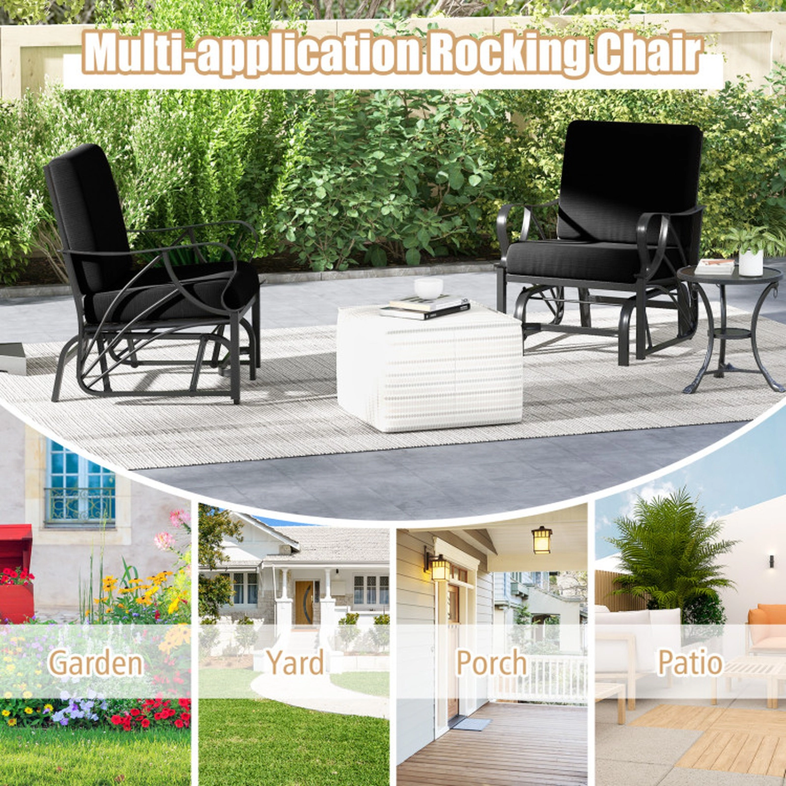 SUGIFT Black Metal Outdoor Patio Glider Chair, 330-Lb Capacity, Thick Cushion and Curved Armrests