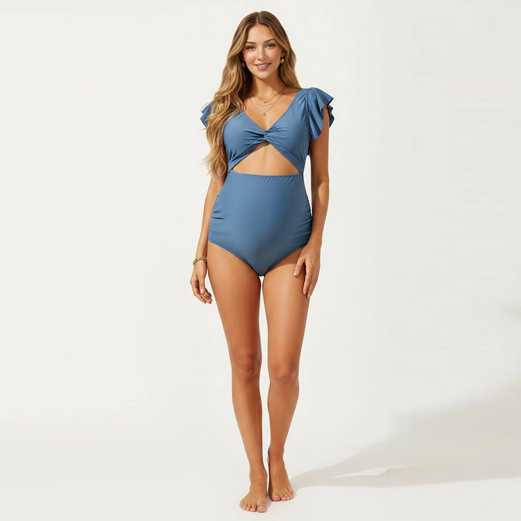 Anna-Kaci Women Maternity One-Piece Swimsuit - Ruffle Sleeves, Twist Front