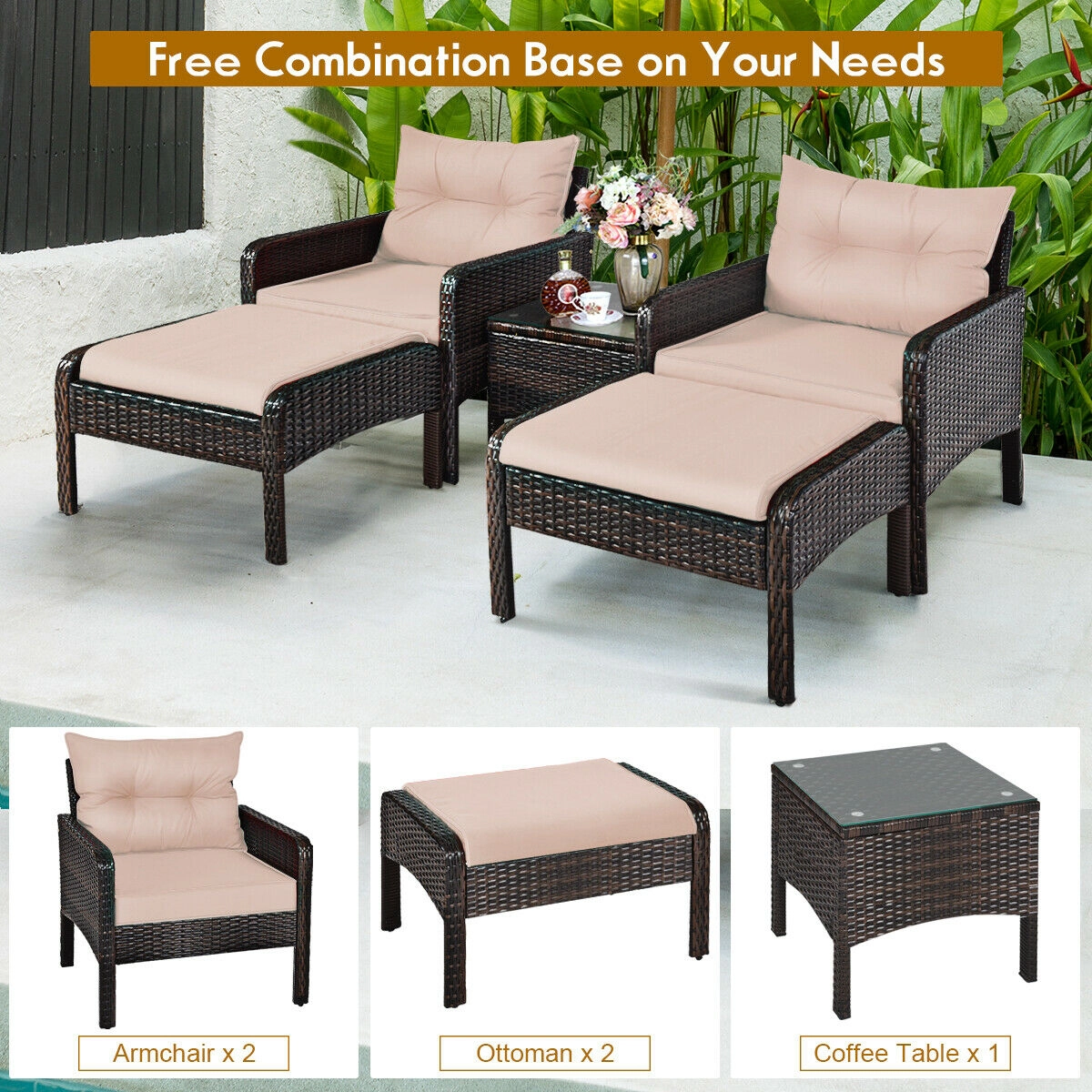 LJG 5 Pieces Patio Rattan Furniture Set Sofa