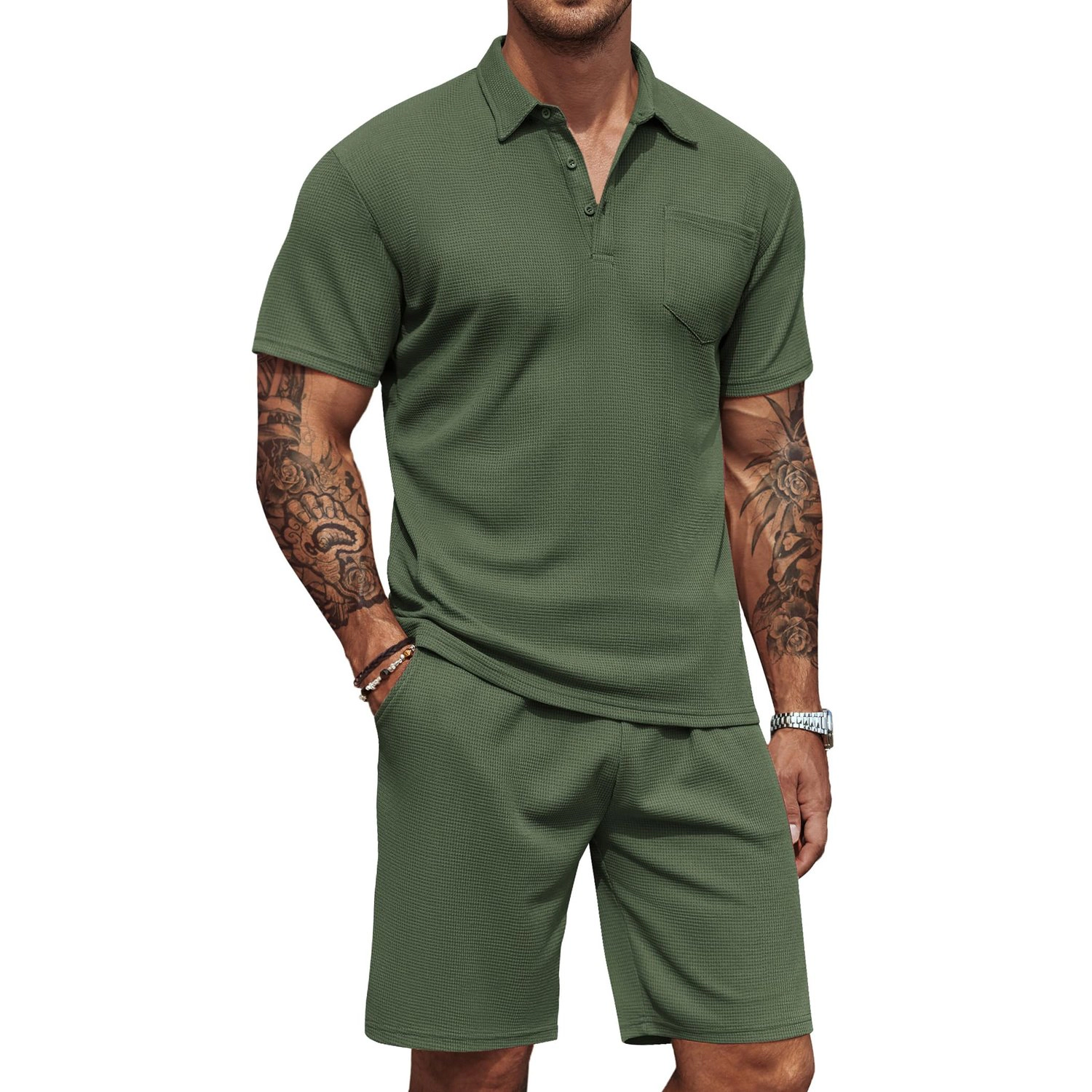 COOFANDY Mens Short Sleeve Polo Shirt Shorts Set Chest Pocket Casual  Outfits