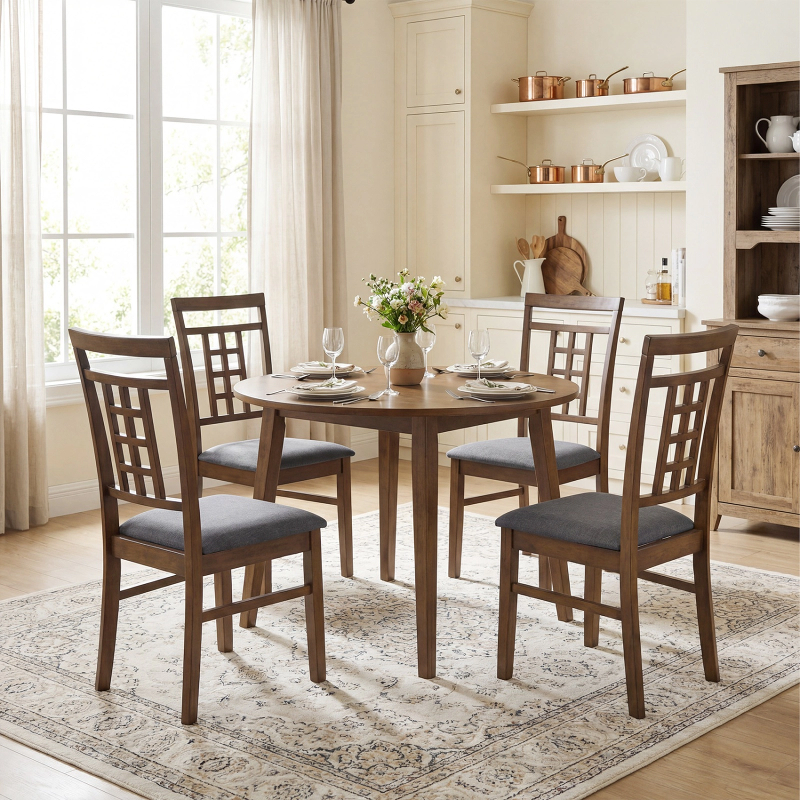 SUGIFT Set of 4 Brown Farmhouse Dining Chairs, Rubber Wood, Lattice Back, Armless