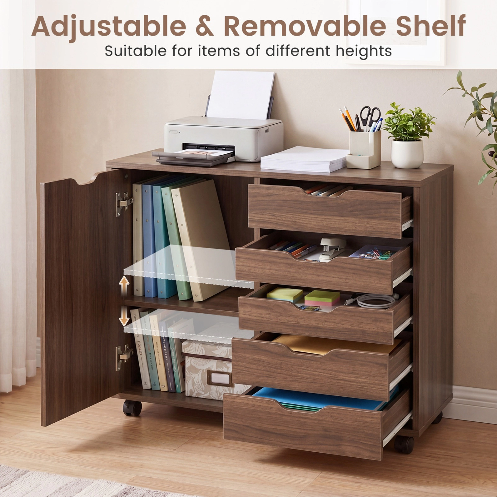 SUGIFT 5-Drawer Engineered Wood Storage Cabinet on Wheels with Adjustable Shelf 31 x 16 x 26 in Frame Brown