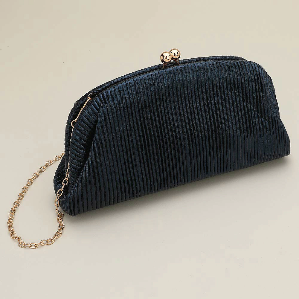Fashnzfab Faux Leather Metallic Pleated Half Moon Shape Evening Clutch Crossbody Bag