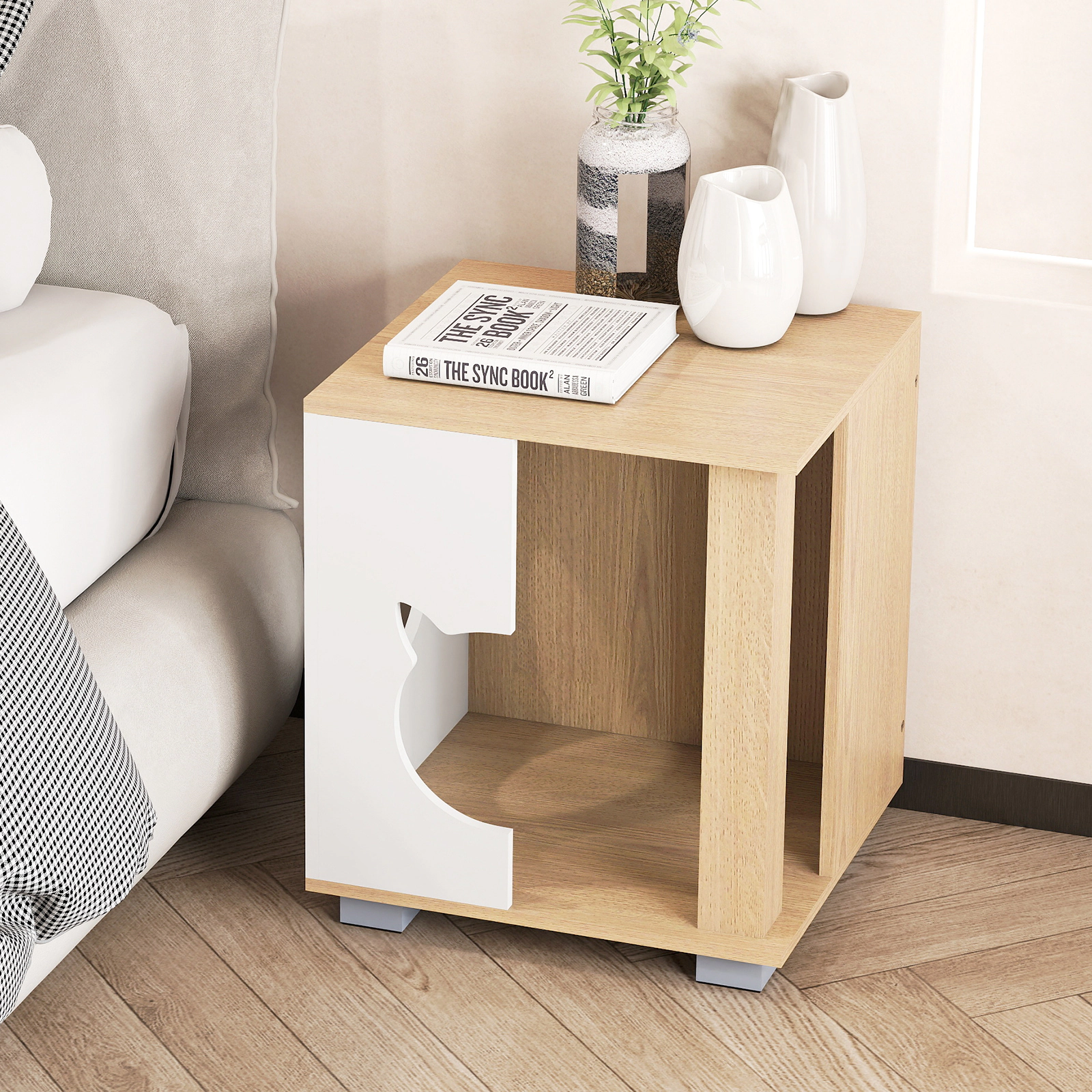Glintex Wooden Cat Condo Side Table with Cat-Head Entry and Metal Legs, Natural