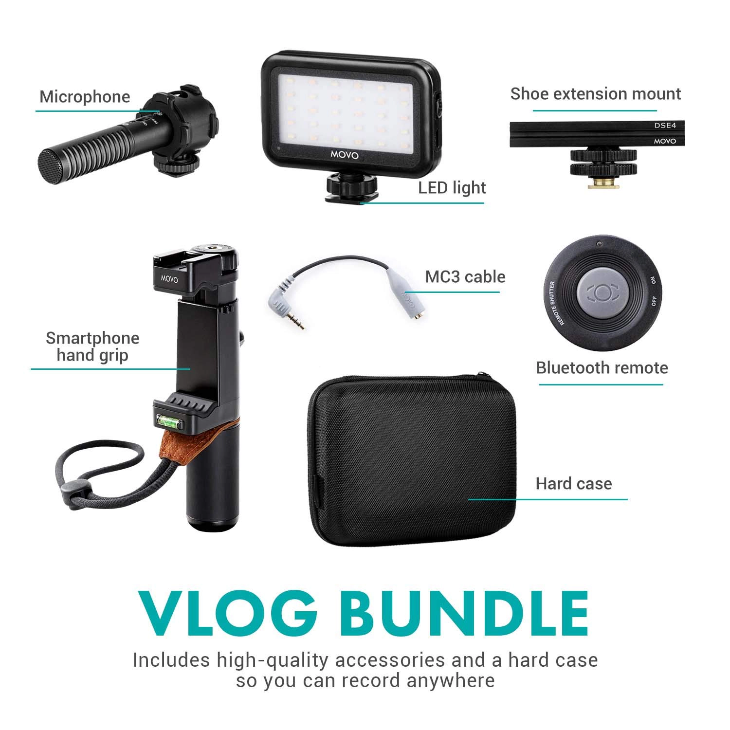 Movo Vlog Kit V7 - YouTube Starter Kit with Grip Stereo Microphone Light and Wireless Remote