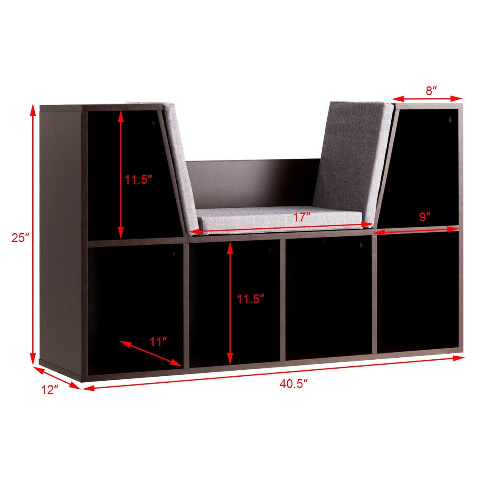 SUGIFT 6-Cubby Kid Storage Bookcase with Cushioned Reading Nook 110-lb Capacity Brown