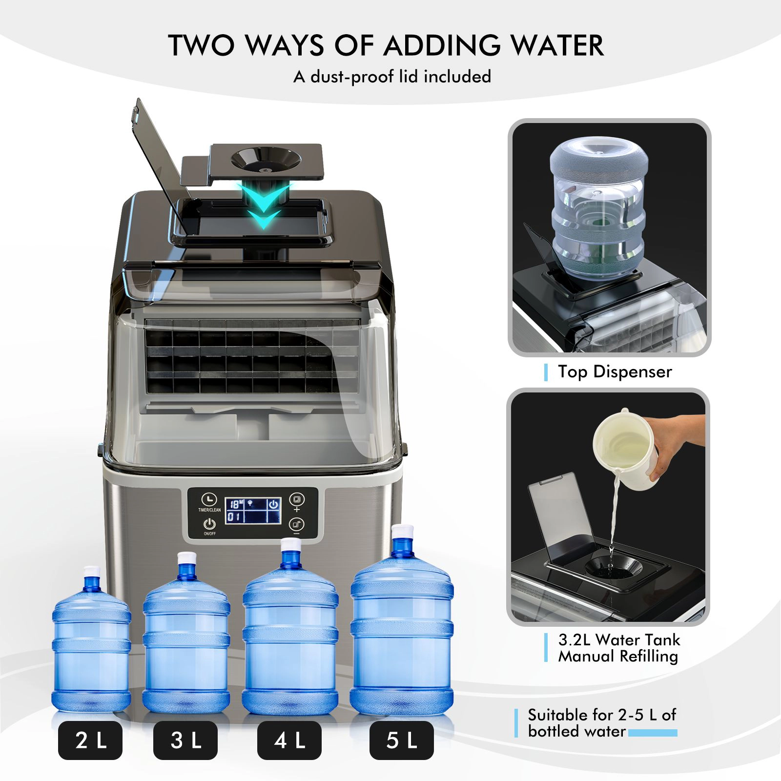 SlickBlue Silver Countertop Ice Machine, 40 Lbs Daily, 3.2L Reservoir, Square Ice, 24H Timer