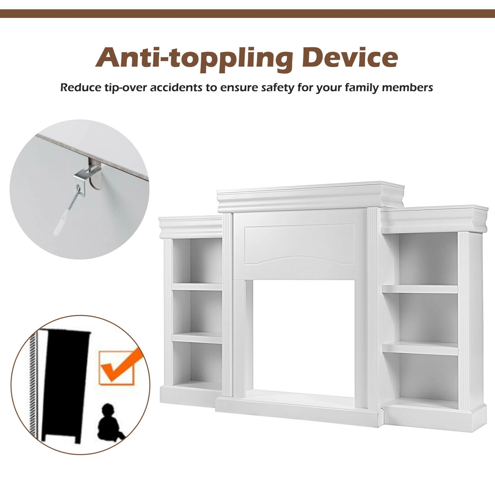 SUGIFT 70-in Modern Fireplace Media Entertainment Center TV Stand Bookcase 44-lb Tabletop Capacity 22-lb Shelf Capacity