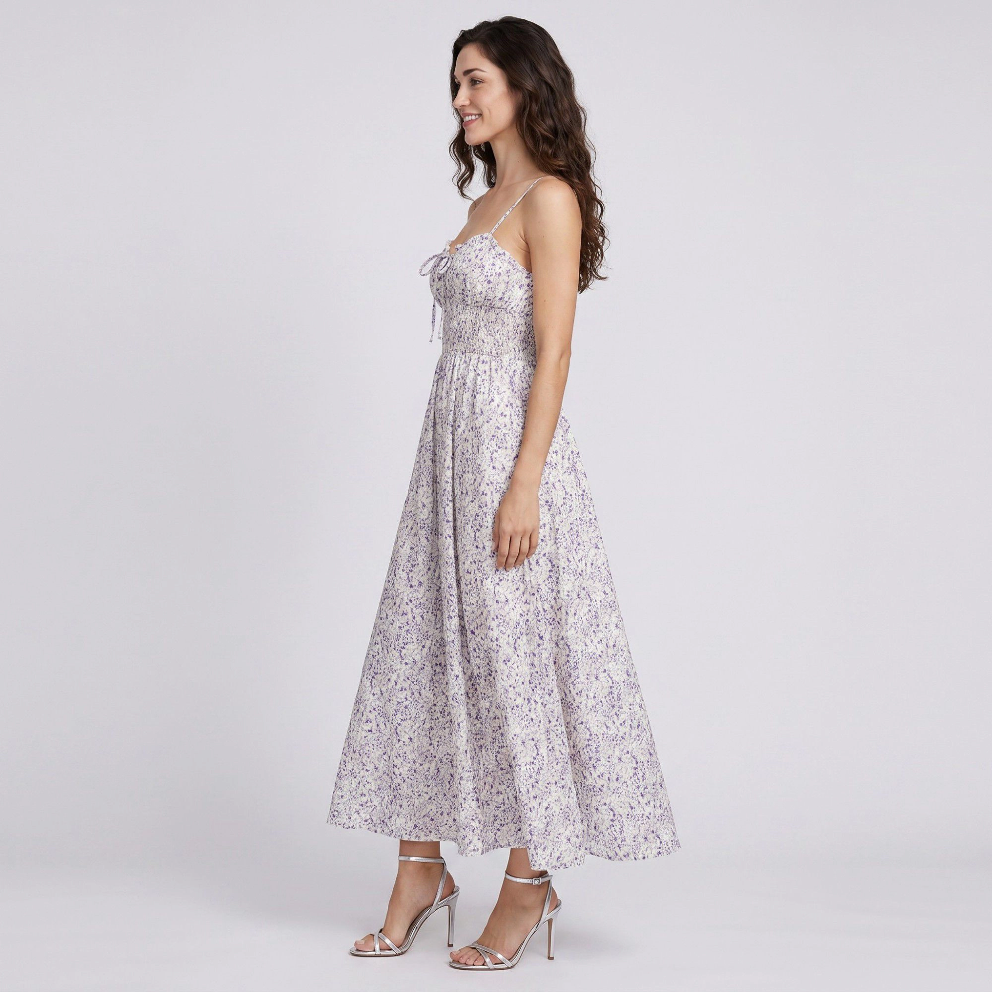 Anna-Kaci Women's Floral Print Smocked Bodice Tie Front Sweetheart Neckline Slim Straps Maxi Dress