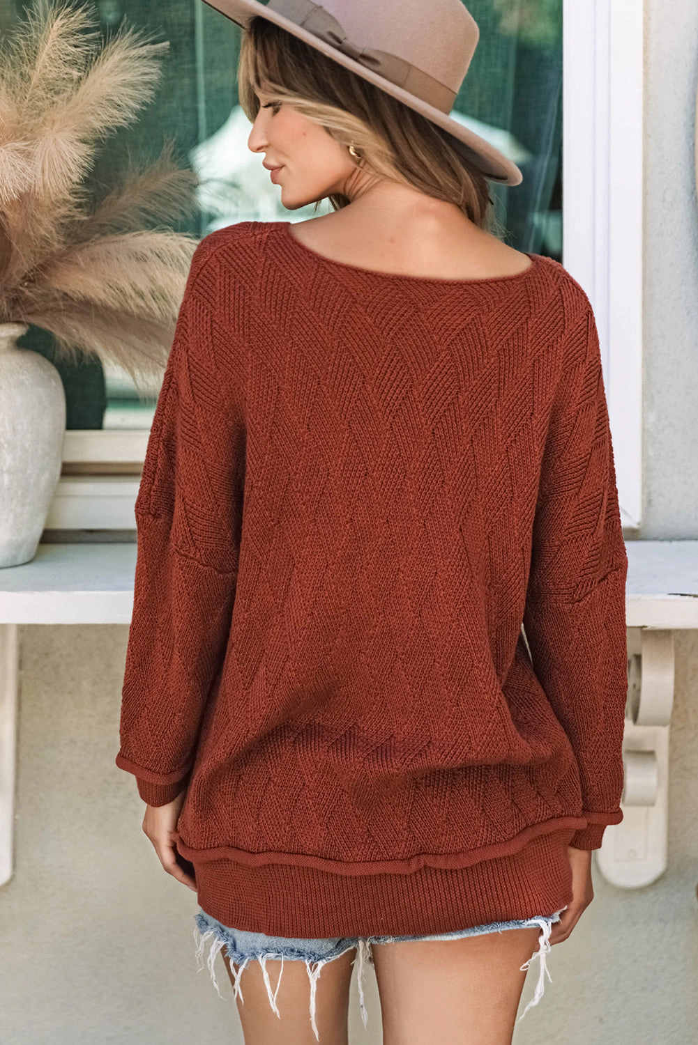 Threaded Pear Women's Hayden Textured Crew Neck Loose Sweater