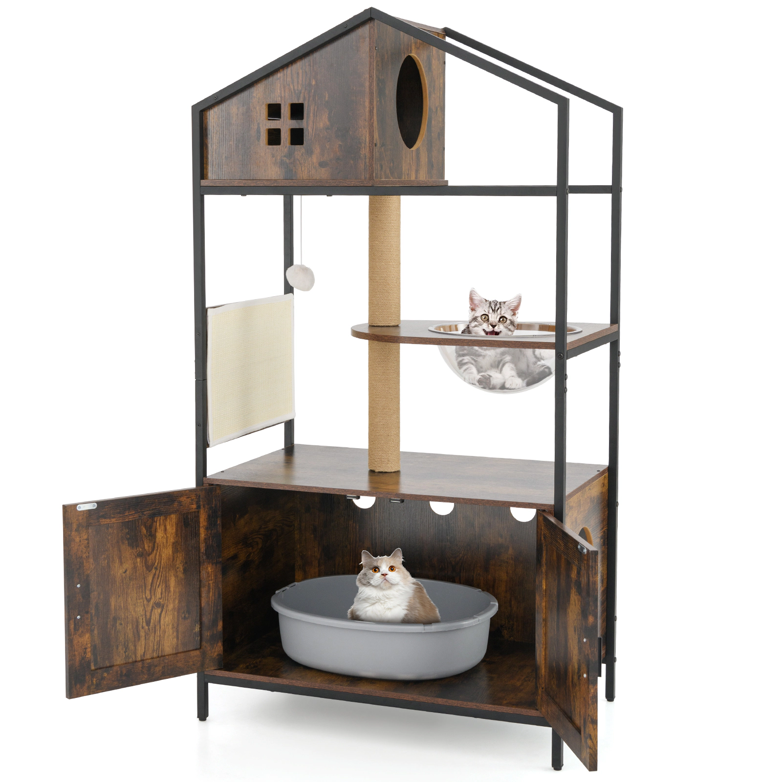 LJG Cat Tree with Litter Box Enclosure Industrial Cat Tower Multi-Level Cat Condo Furniture for Indoor Cats