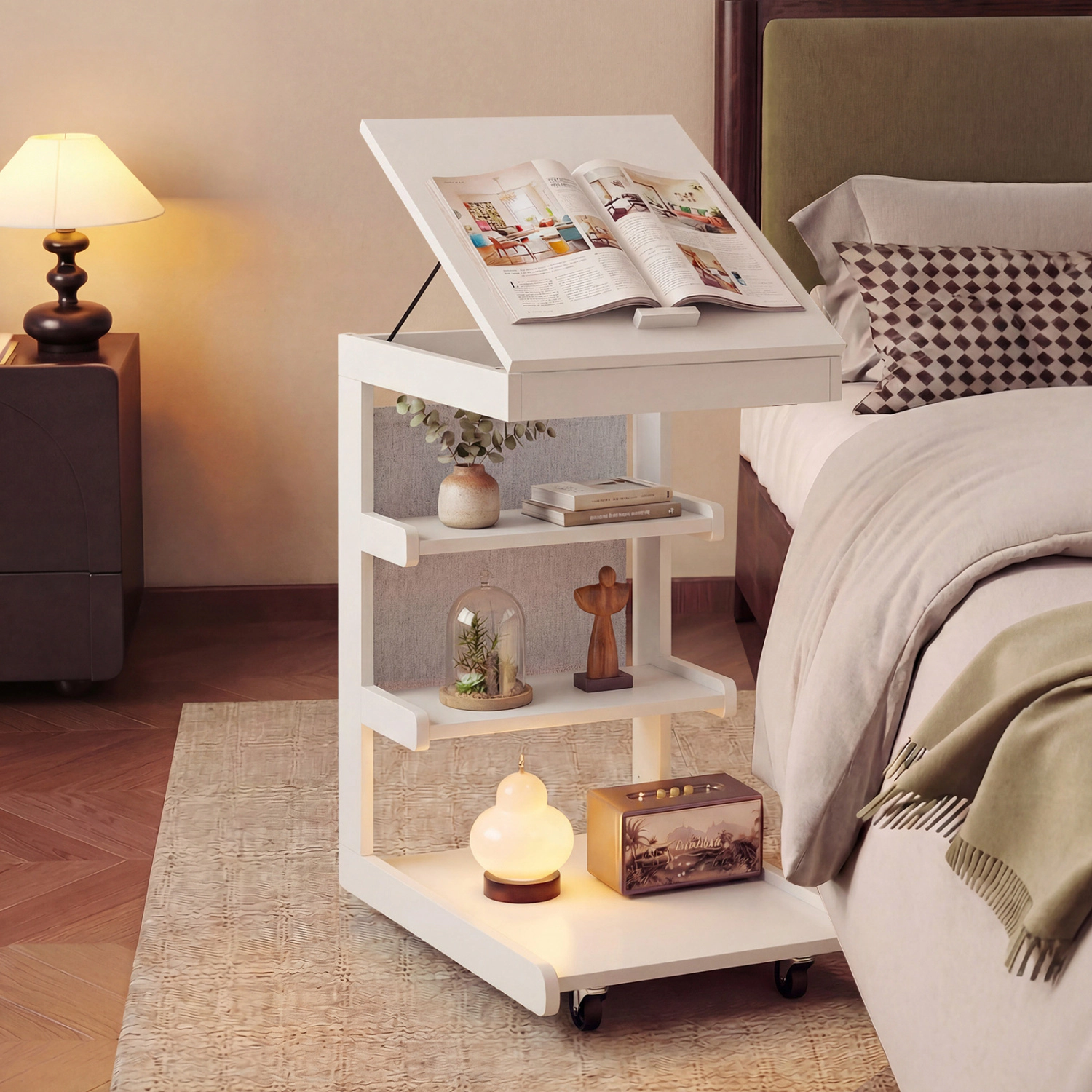 LJG C-shaped End Table with Wheels and Adjustable Desktop for Sofa Couch Bedside