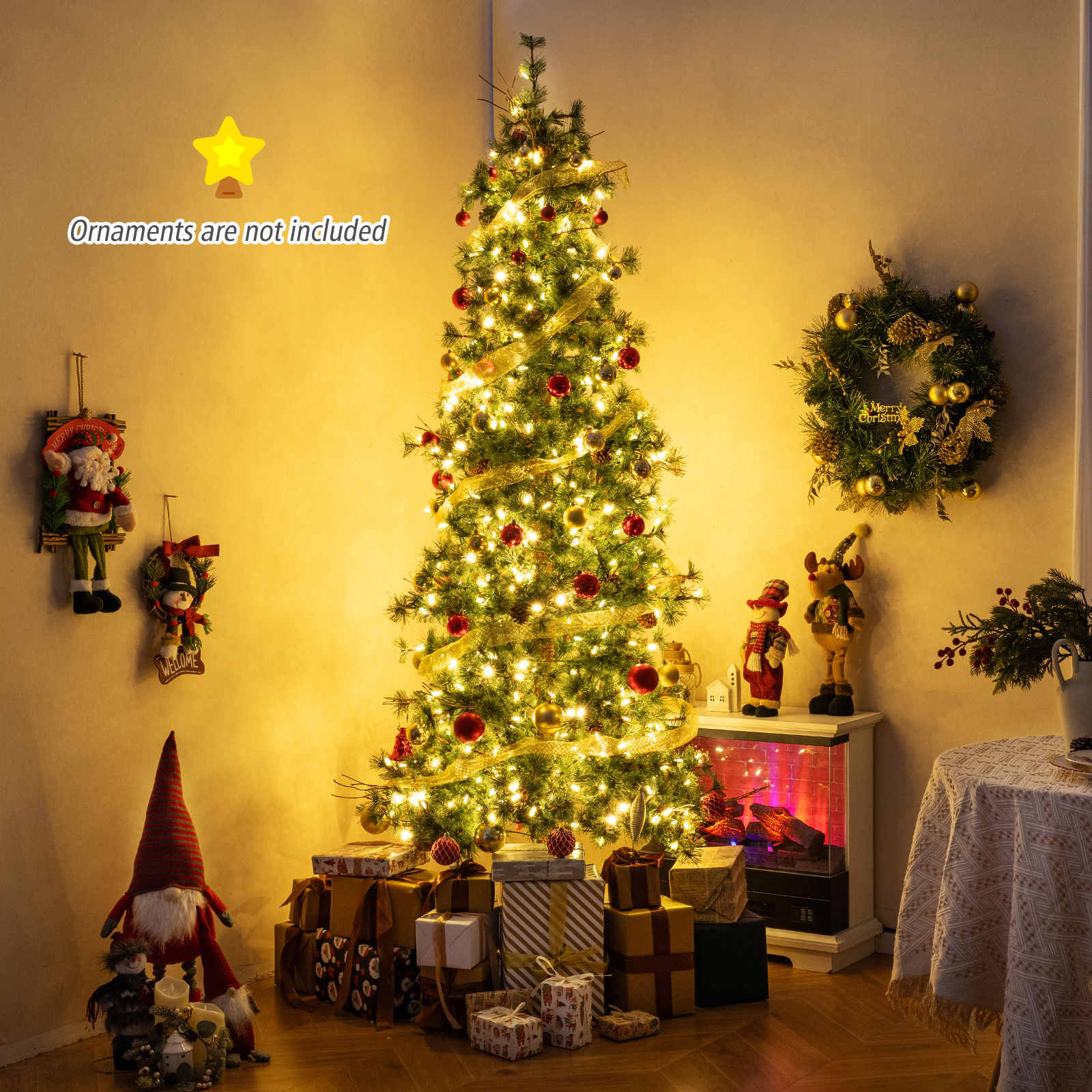 SUGIFT 8-ft Green Pre-Lit Artificial Spruce Christmas Tree with Cashmere Needles 36 Pine Cones and 400 LEDs