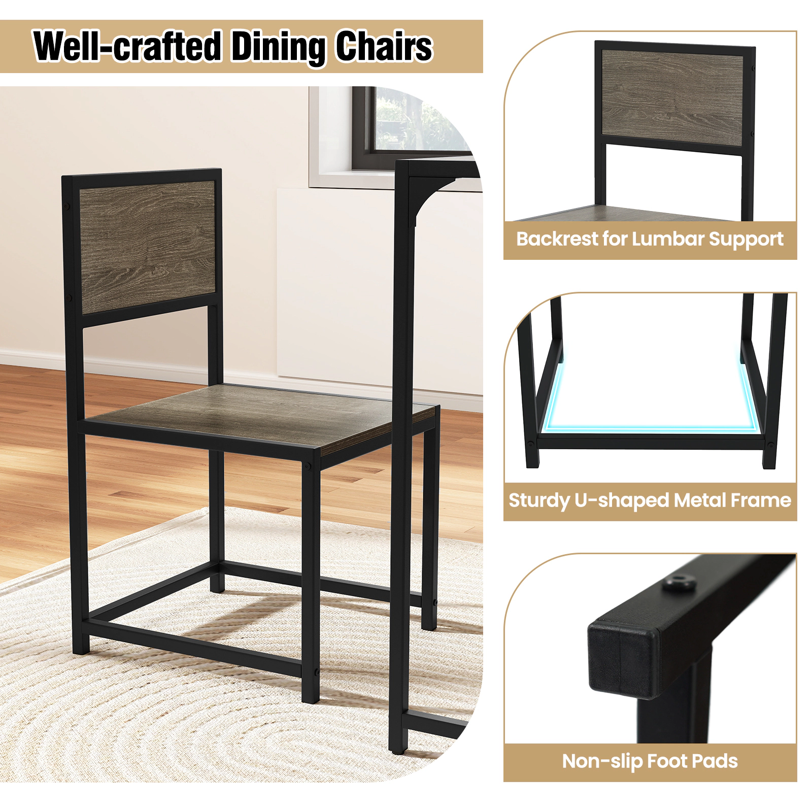 SUGIFT 3-Piece Compact Dining Set, Rustic Brown Table with 2 Armless Chairs