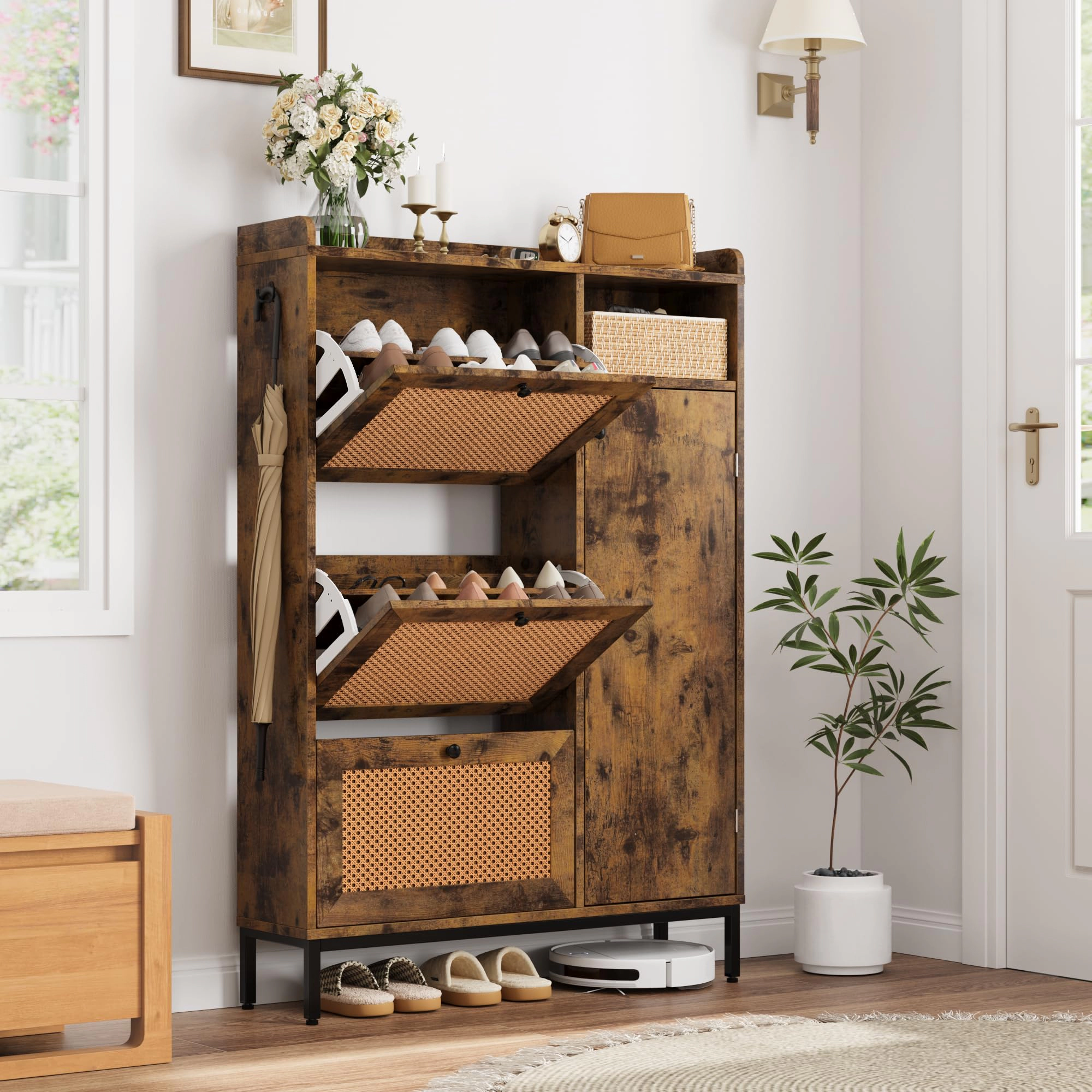 BebreezChic Rattan 4-Tier Shoe Cabinet with Flip Drawers,Brown
