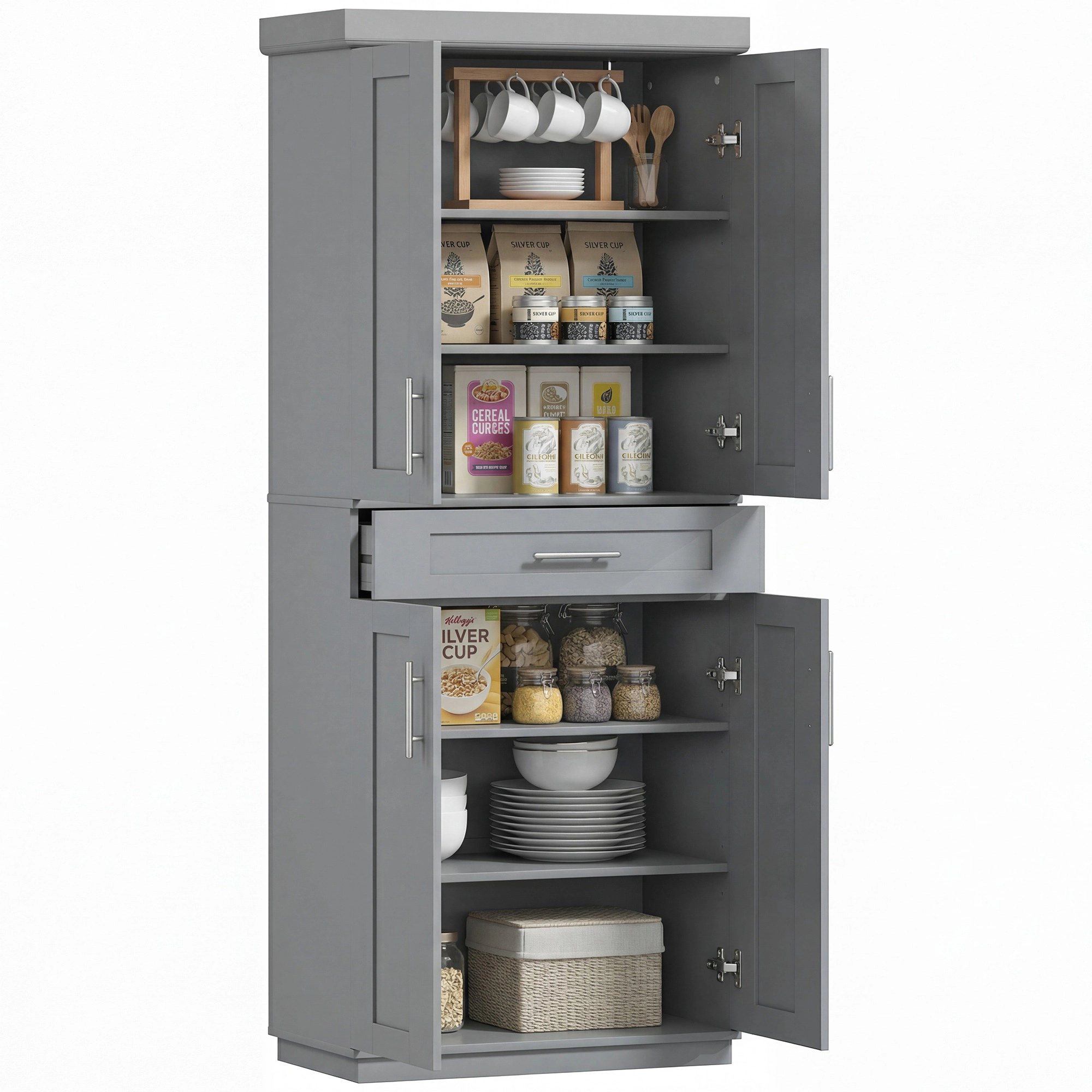 HONGGE Modern Kitchen Pantry Freestanding Cabinet Cupboard with Doors and Drawer Adjustable Shelving