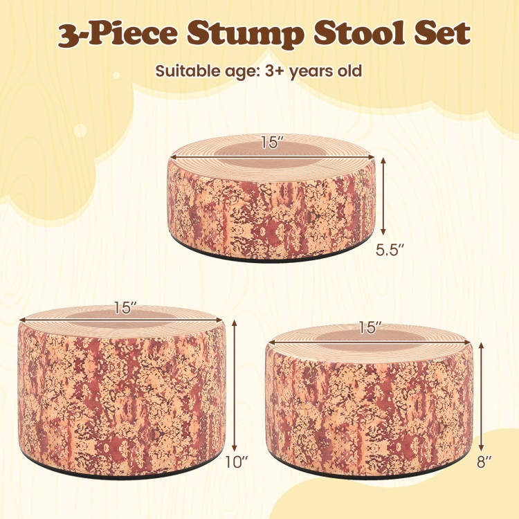 Hivvago 3-Piece Tree Stump Stool Set With Wood Printing Nature Decoration
