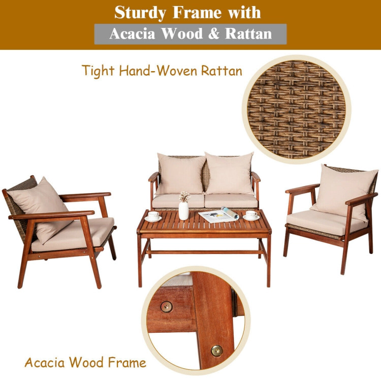 Hivvago 4 Pieces Acacia Wood Patio Rattan Furniture Set With Cushions
