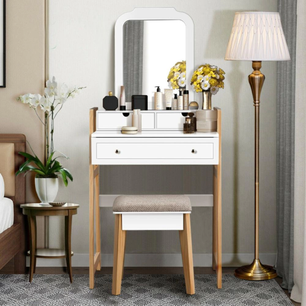 Hivvago Vanity Table Set With Cushioned Stool And Large Mirror