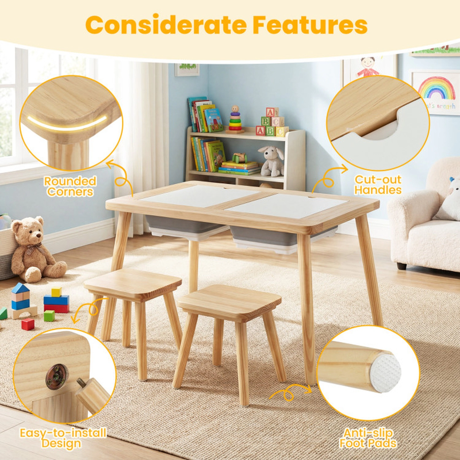 SUGIFT Wooden Kids Activity Table and Stool Set with Chalkboard, Whiteboard and 2 Foldable Storage Bins 200-lb Tabletop