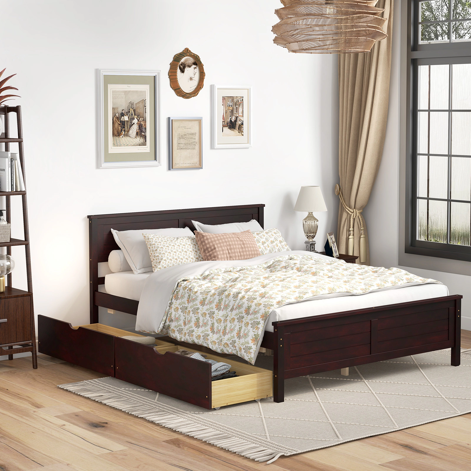 SUGIFT Full Platform Bed Frame, Espresso Wood, 2 Roll-Out Storage Drawers, Panel Headboard
