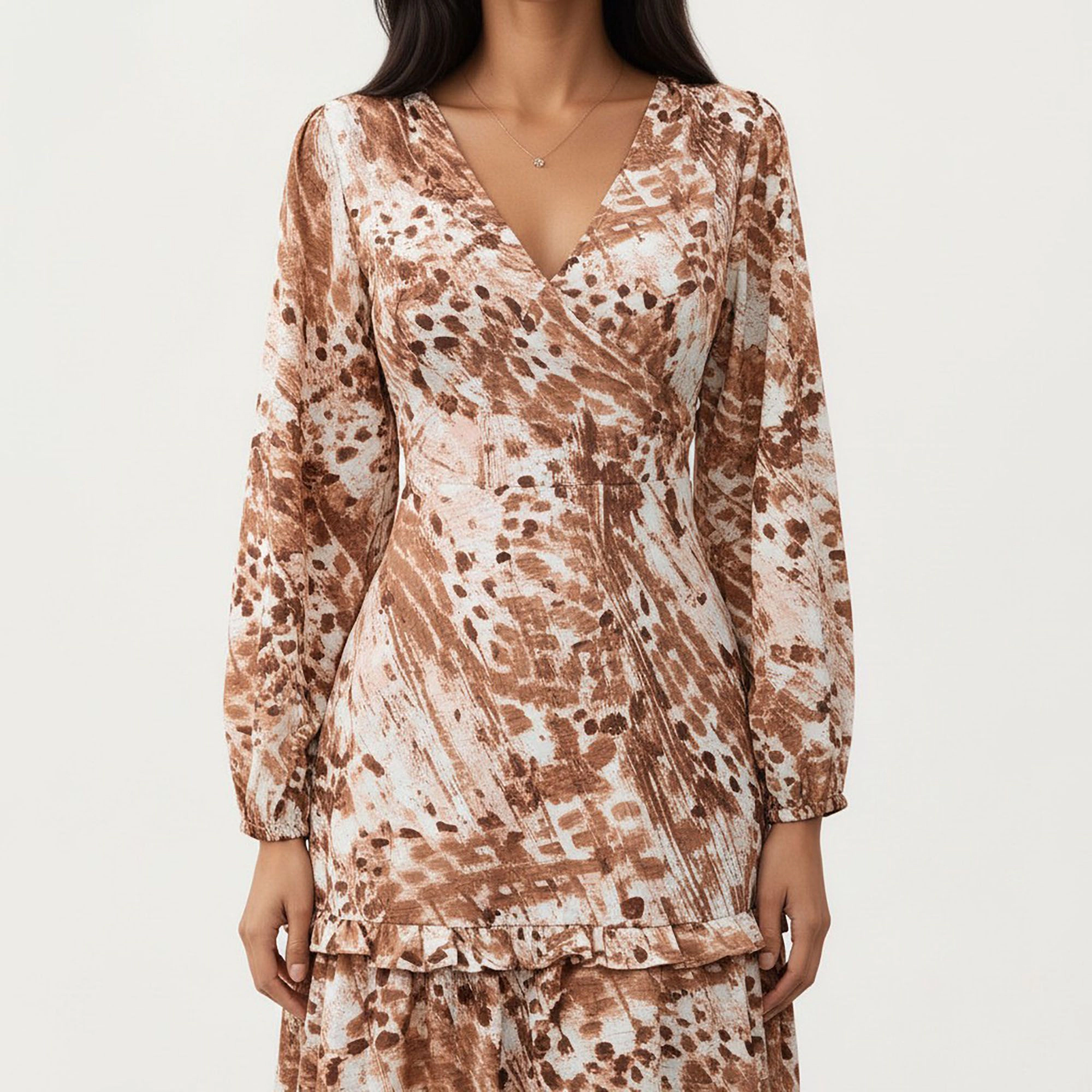 Anna-Kaci Women's Brown Animal Print Long Sleeve V Neck Tiered Dress