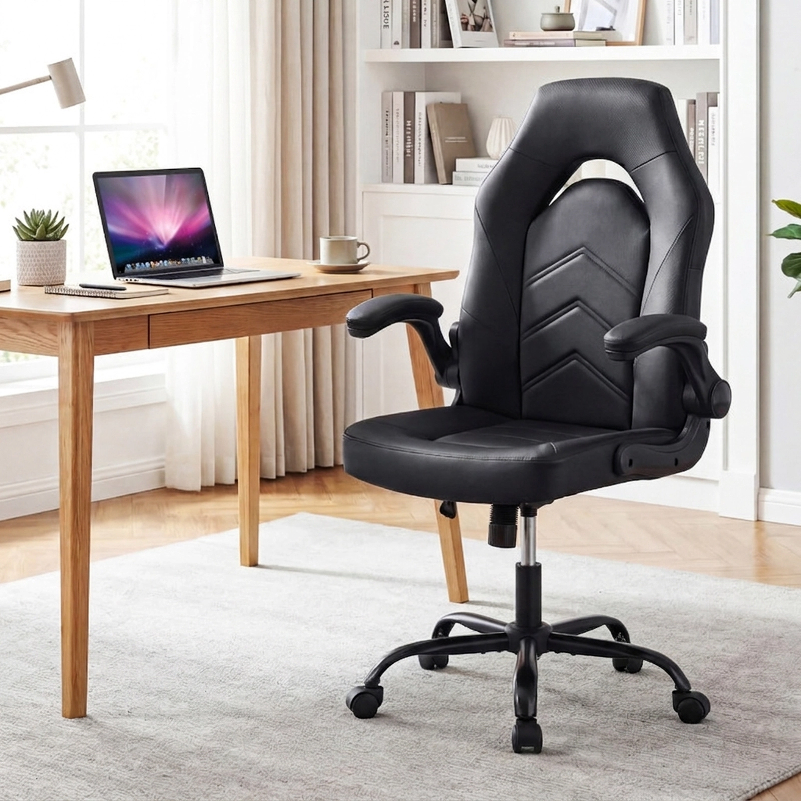 SUGIFT 300-lb Capacity Black PU Leather Ergonomic Swivel Computer Desk Chair with Flip-up Armrests