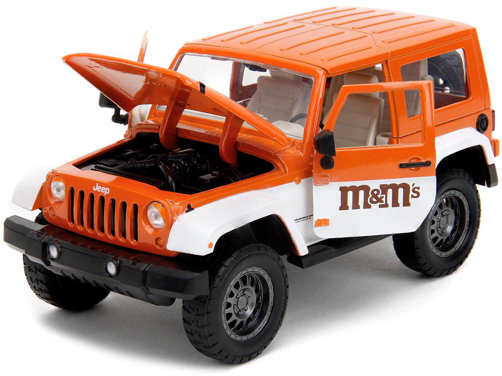 Jada 2007 Jeep Wrangler Orange Metallic and White and Orange M&M Diecast Figure "M&M's" "Hollywood Rides"