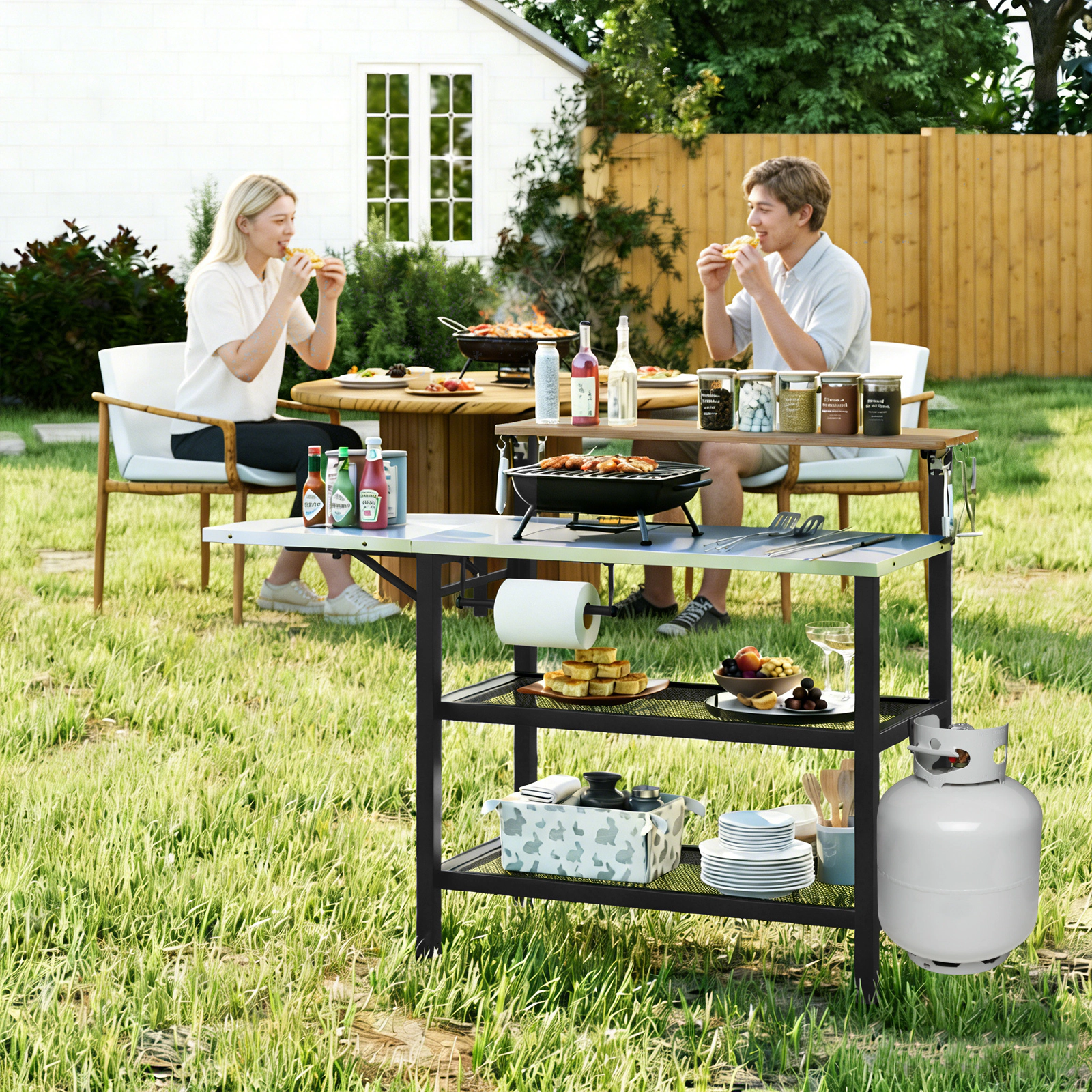 SUGIFT Outdoor Foldable Grill Table with Flip-Up Top and 2 Storage Shelves 300-lb Tabletop Capacity Black