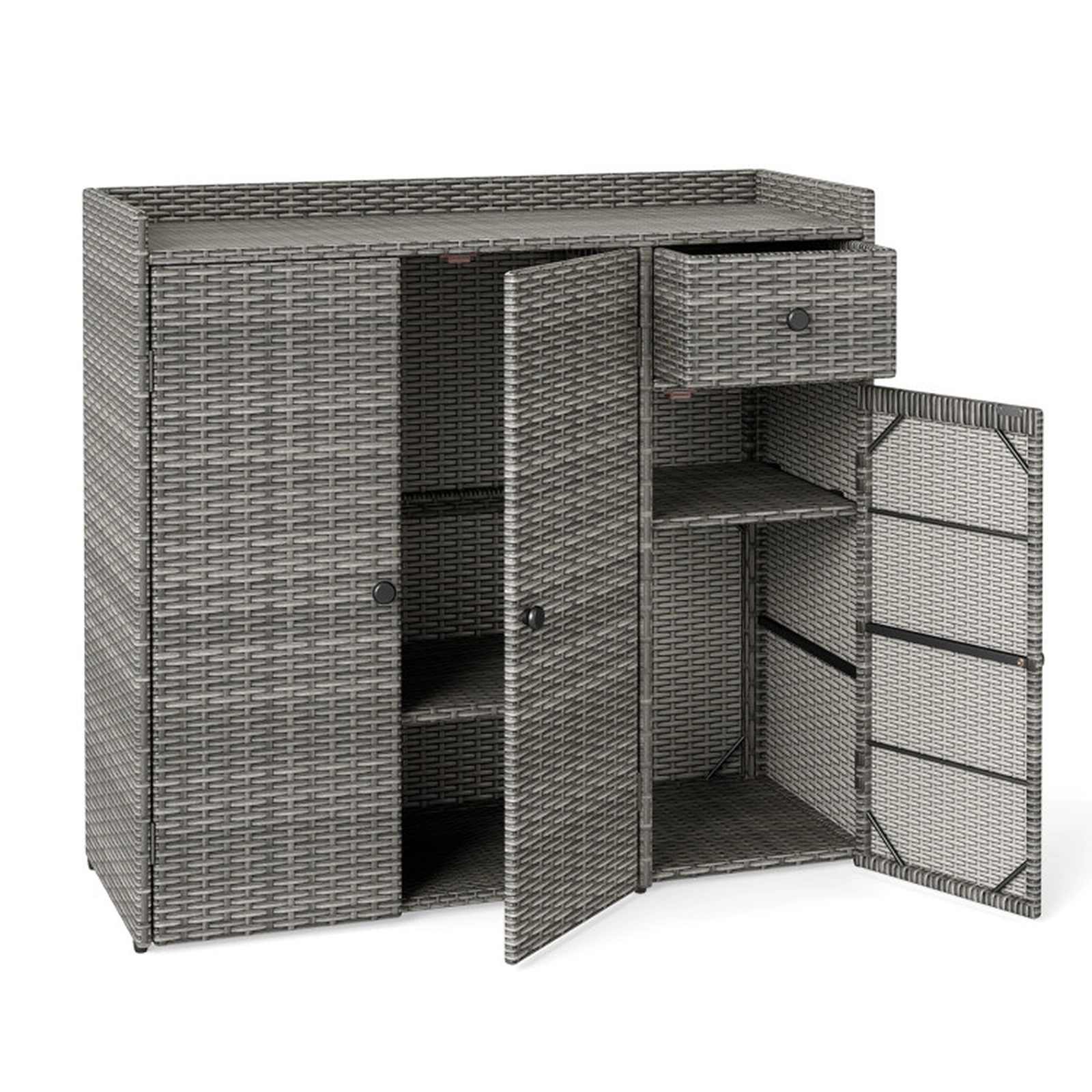 SUGIFT 3-Door PE Rattan Outdoor Storage Cabinet with 110-lb Baffled Countertop and Adjustable Shelves