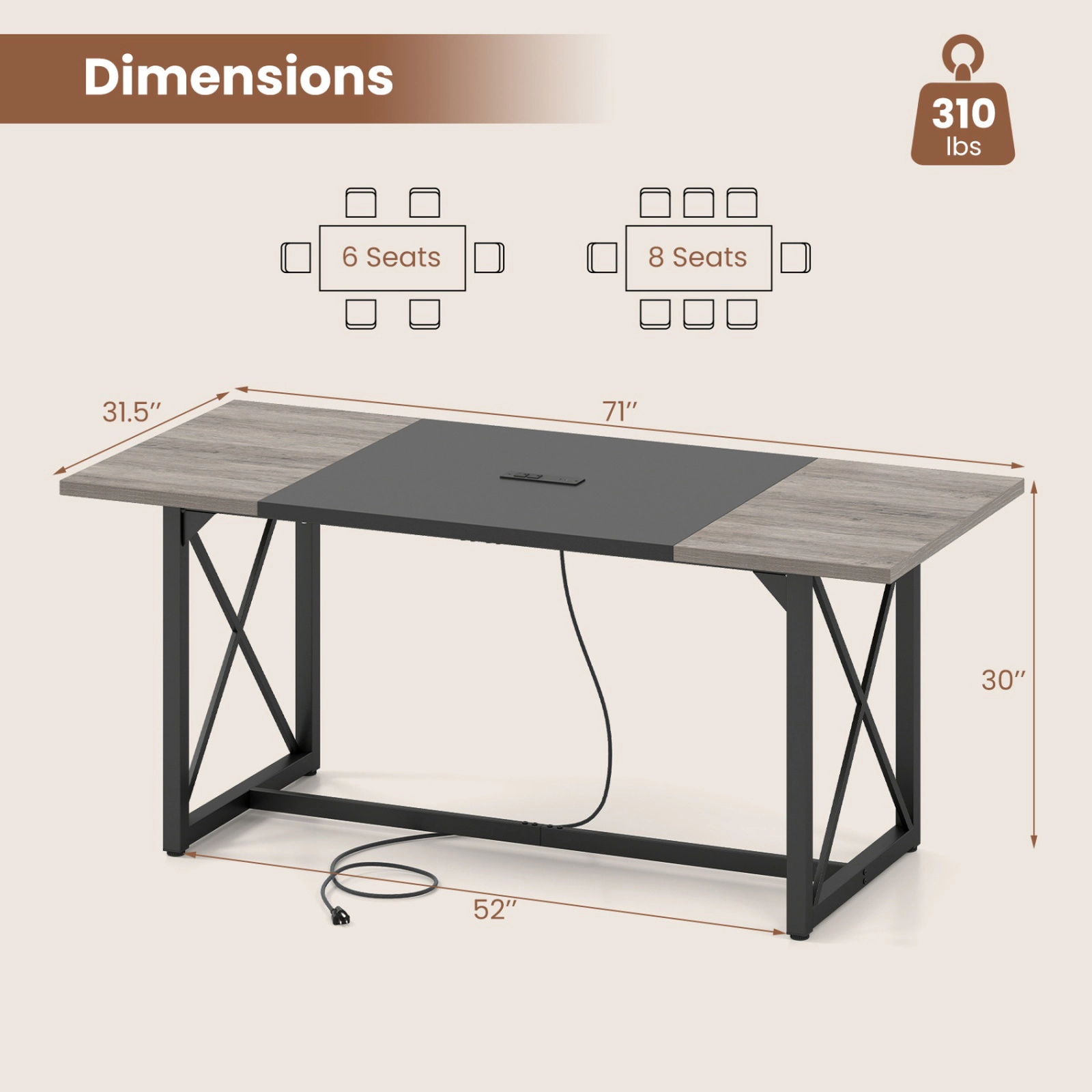 SUGIFT 71-in Rustic Oak 310-lb Capacity Conference Meeting Room Table with Power Outlets Seats 6 to 8 People