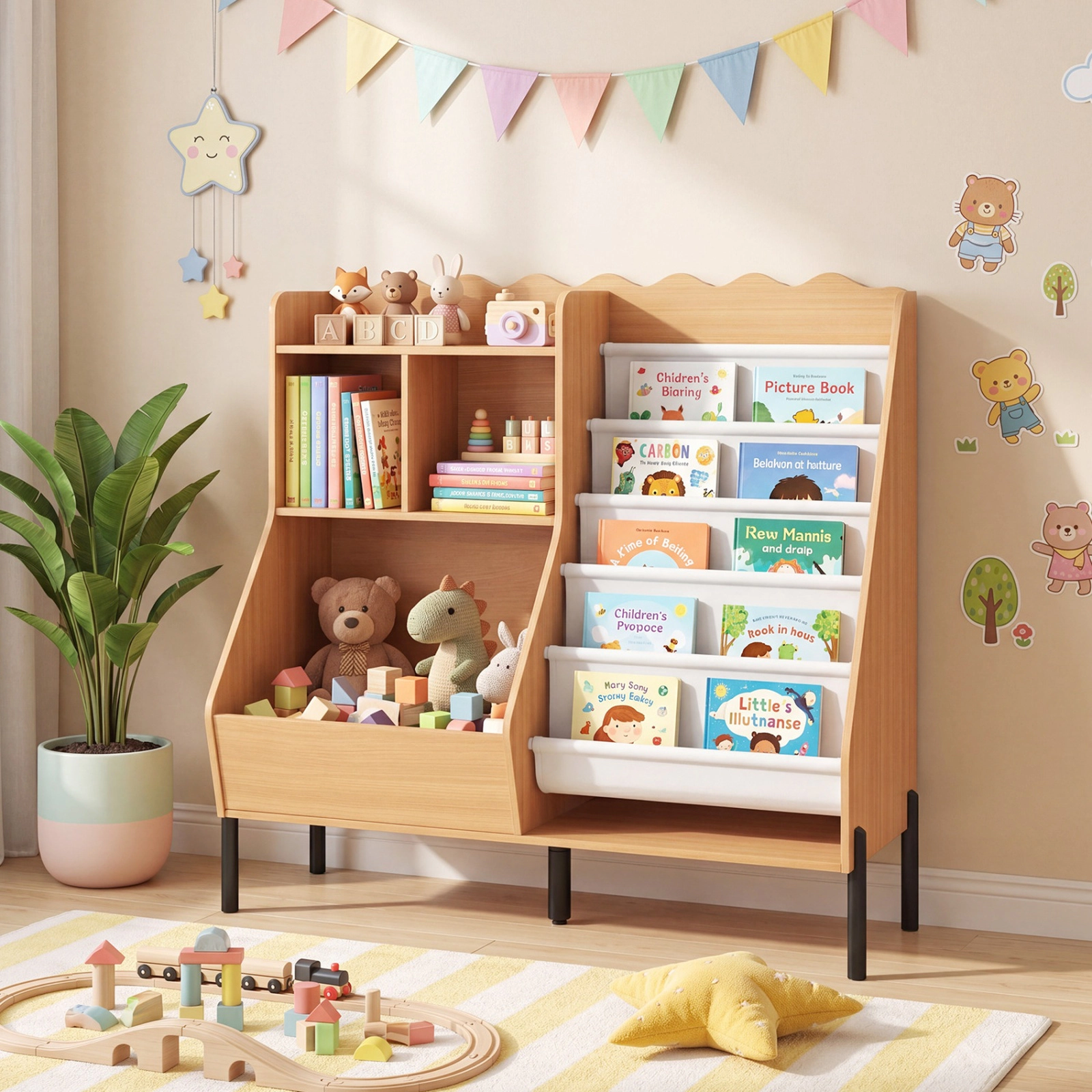 SUGIFT Kids 5 Fabric Pockets Front-Facing Metal Legs Wooden Bookcase 39.5-in x 15-in x 36.5-in Ages 3+ Natural