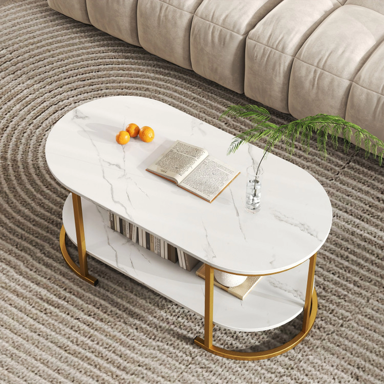 SUGIFT 39.5-in 176-lb Capacity White Faux Marble 2-Tier Coffee Table with Gold Metal Frame and Storage Shelf