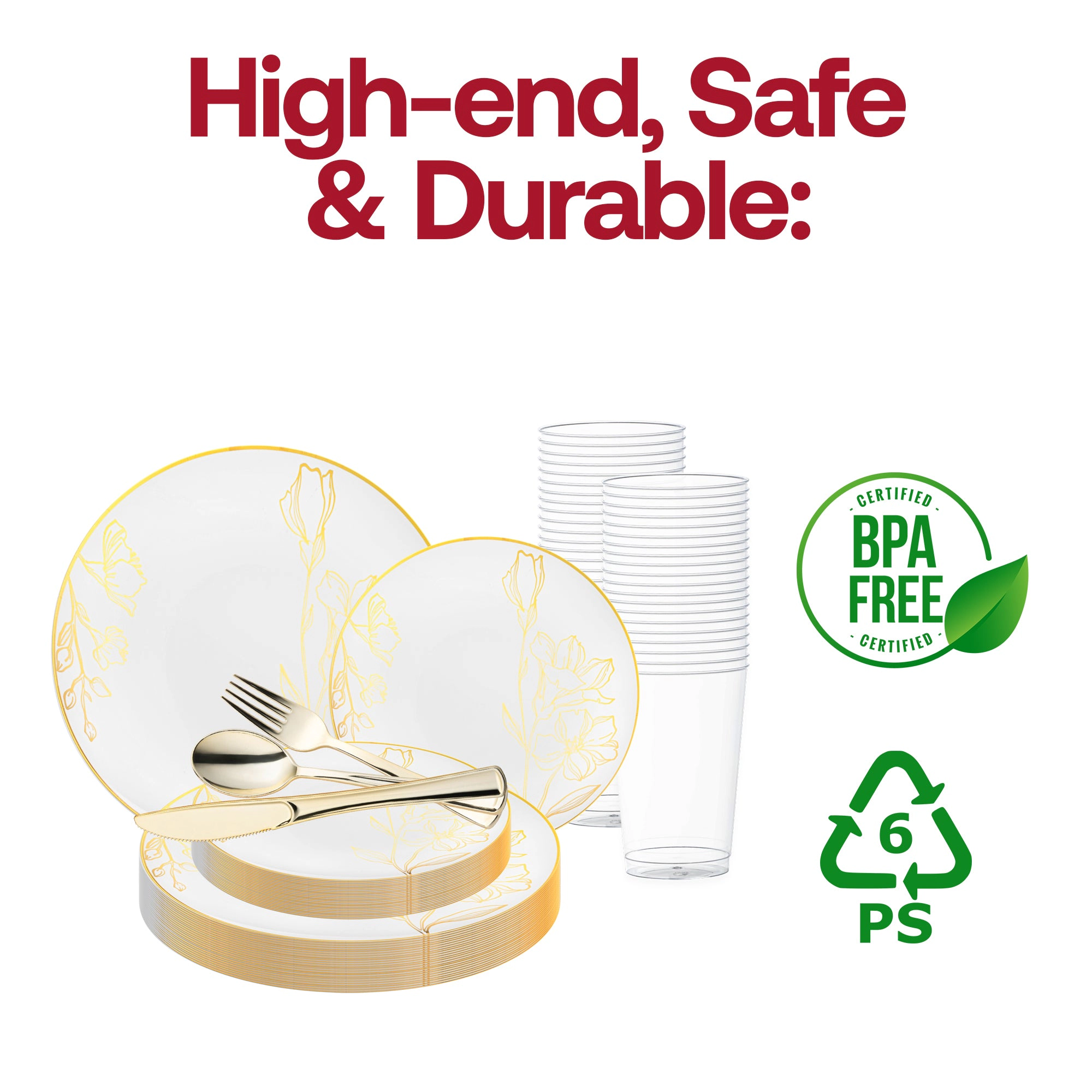 Smarty Had A Party White with Gold Antique Floral Round Disposable Plastic Wedding Value Set