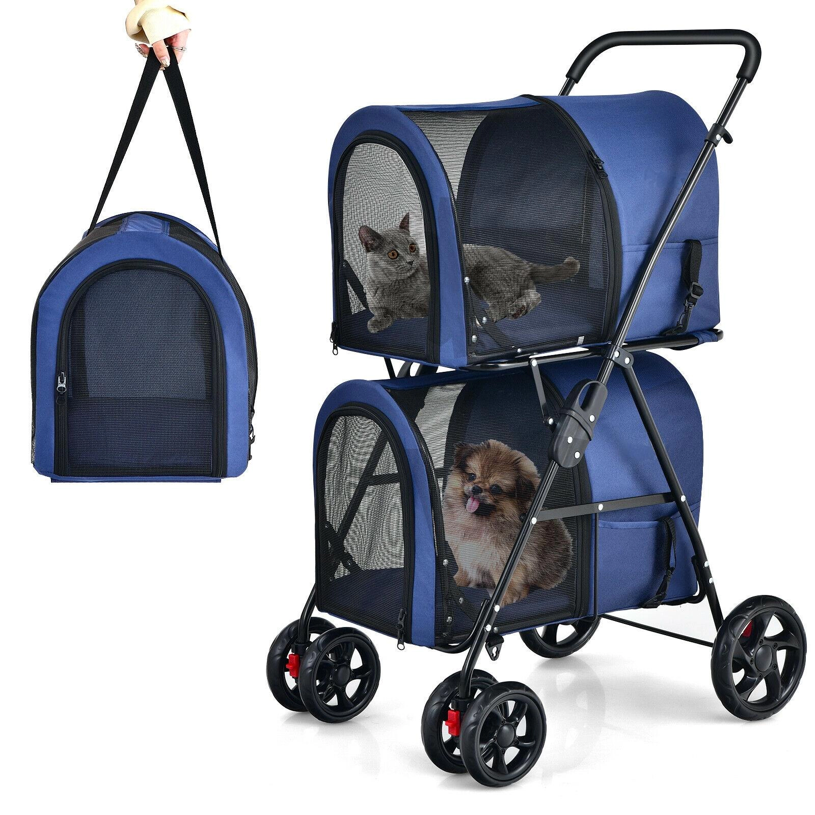 SUGIFT Blue 4-in-1 Double Decker Pet Stroller with 2 Detachable Carriers 20-in W 27-in D 41.5-in H 17-lb Per Deck
