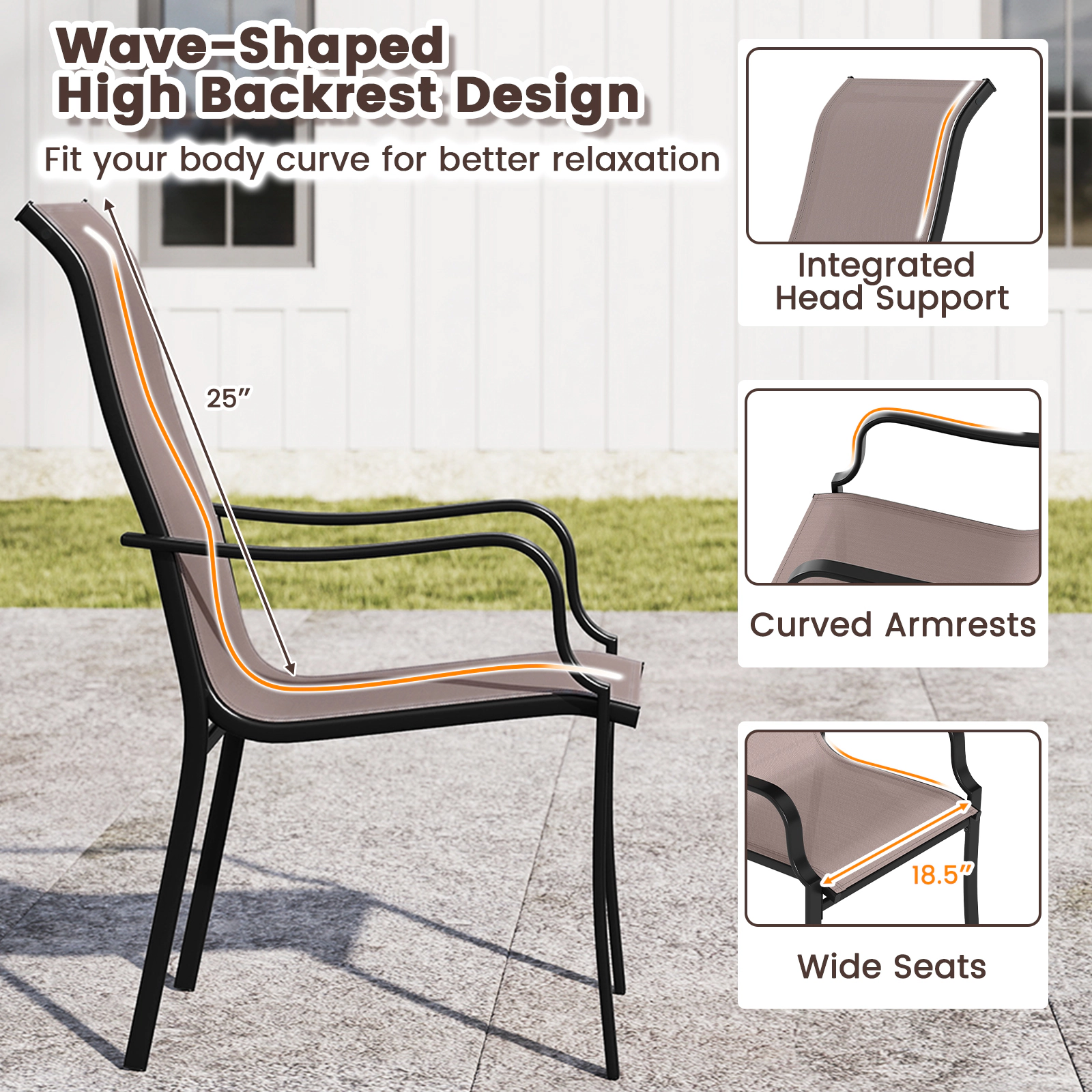 SUGIFT Set of 2 Brown High-Back Outdoor Patio Dining Chairs with Headrests and Armrests