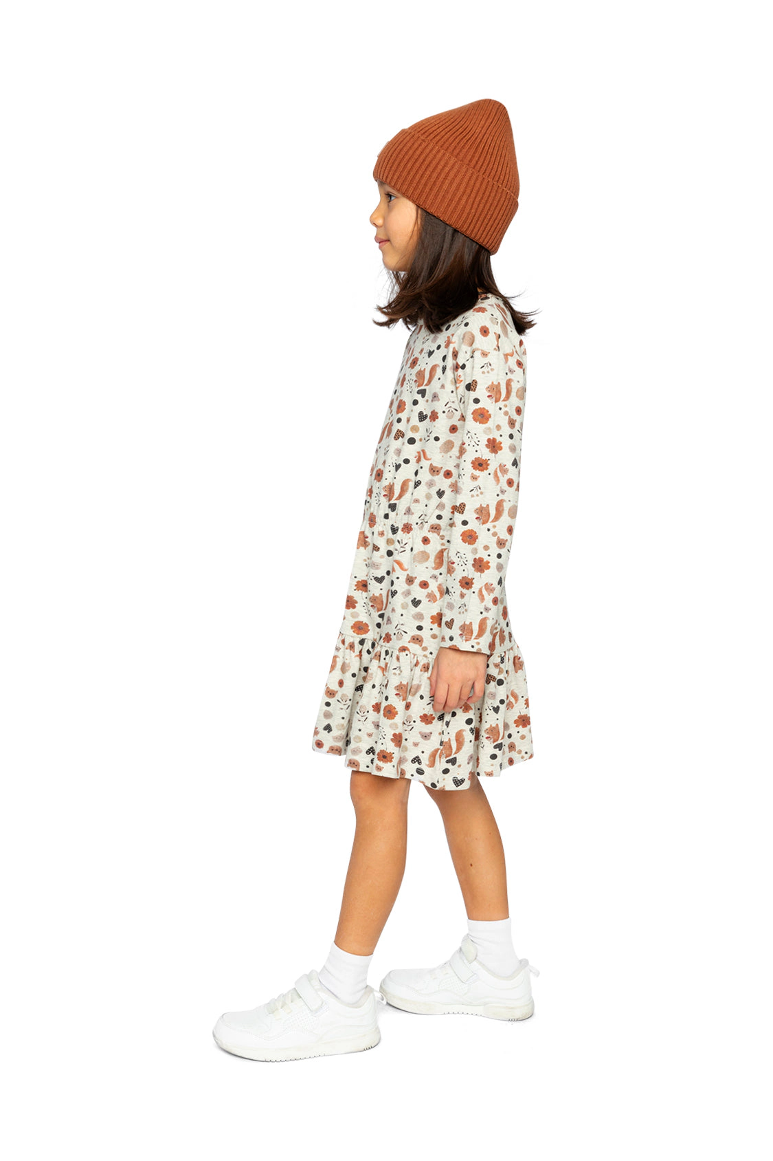Deux par Girls Squirrel & Floral Print Ruffled Organic Cotton Dress