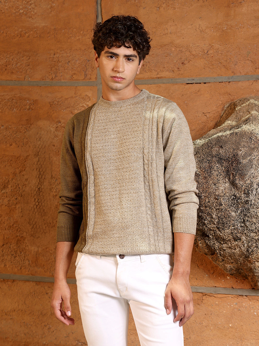 Campus Sutra Contrast Panel Pullover Sweater - Men’s Crew Neck Long Sleeve