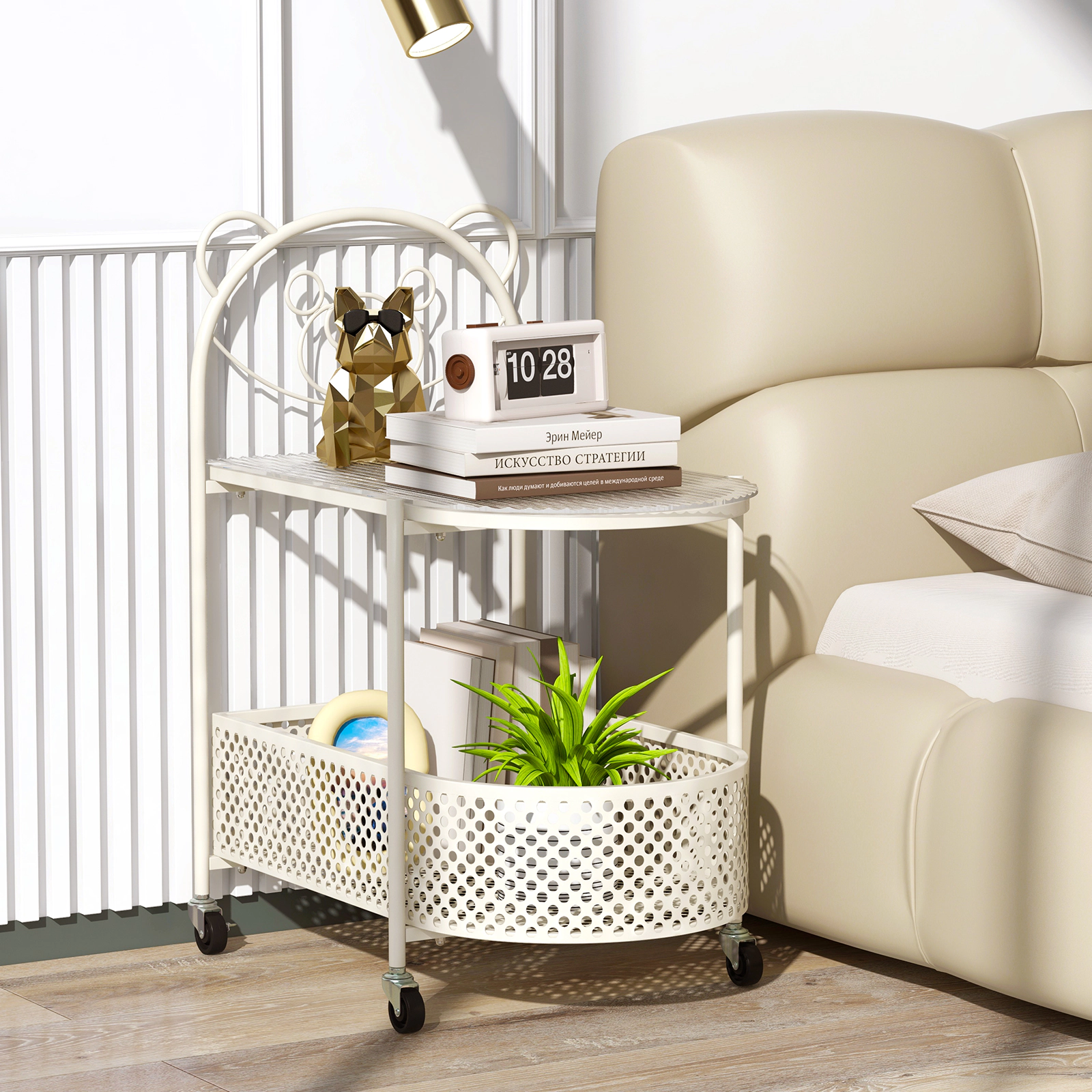 SUGIFT White 30 in 2-Tier Rolling Glass Side Table with Storage Basket