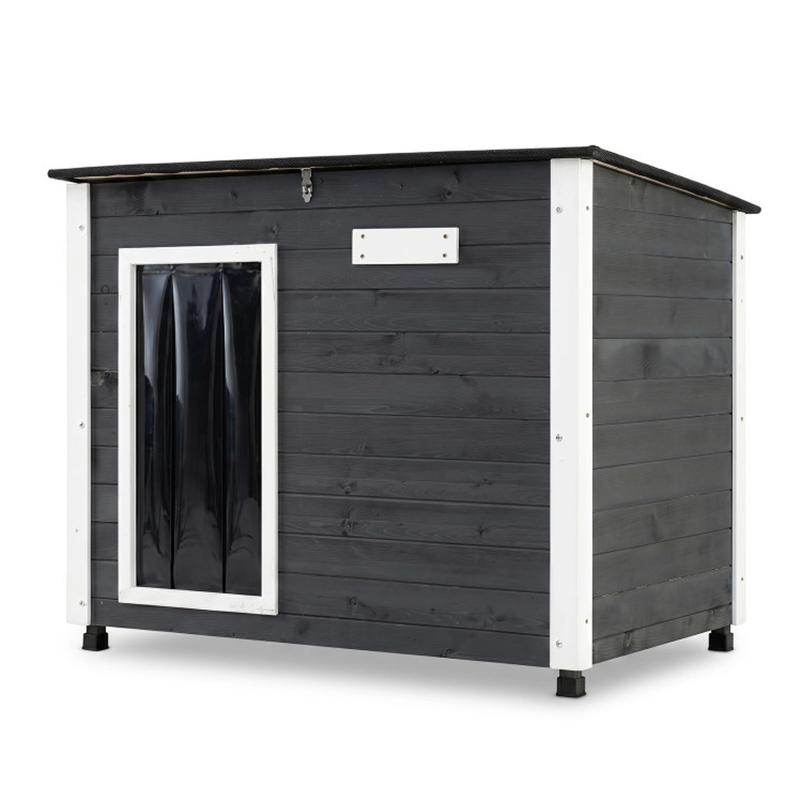 SUGIFT Gray Wooden Outdoor Dog House with Spruce Frame Removable Floor Asphalt Roof and PVC Curtain