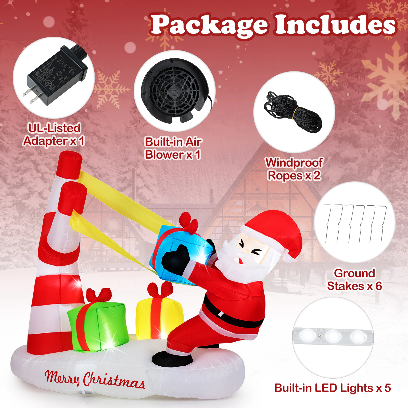Glintex 7-Ft Inflatable Santa with Giant Slingshot Gift Boxes and LED Lights, Multicolor