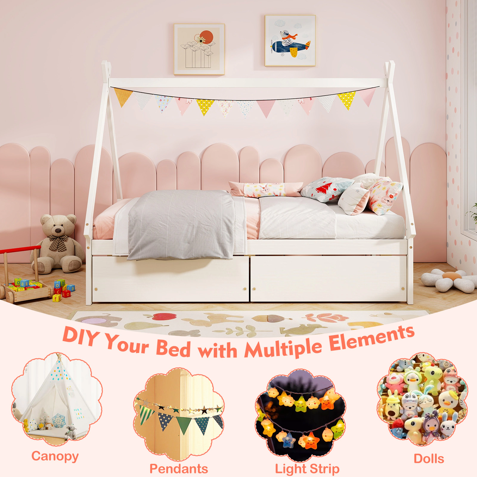 SUGIFT Kids Twin Size 200-lb Bed Capacity Wooden House Bed Frame with Tent Roof and 2 Rolling Drawers White