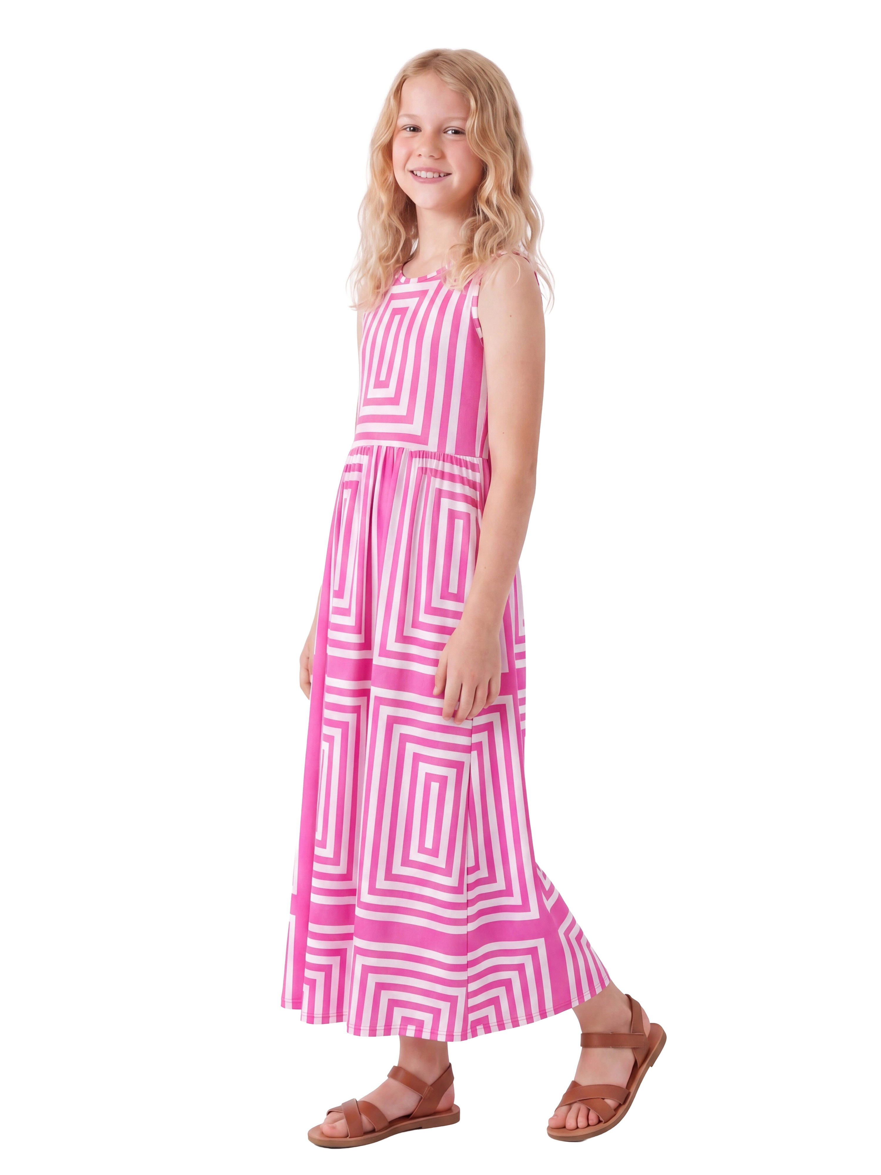 24sevenKid Essential Girls Pink Geometric Print Sleeveless Pocket Maxi Dress