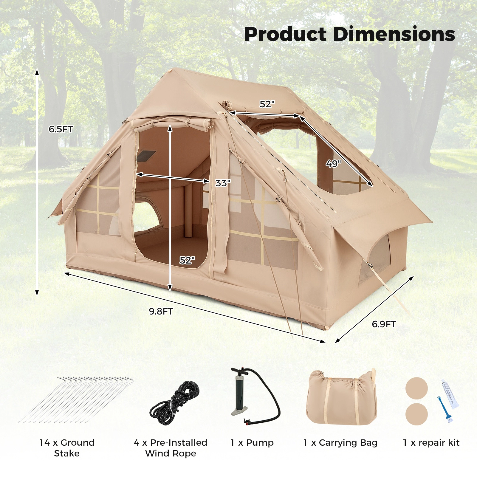 SUGIFT 4-6 Person Beige Inflatable Camping Tent with 4 Mesh Windows and 2 Doors 9.8-ft W 6.9-ft D 6.5-ft H