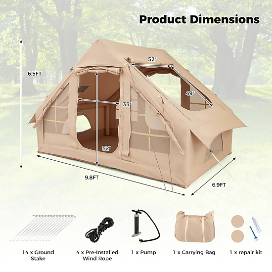 SUGIFT 4-6 Person Beige Inflatable Camping Tent with 4 Mesh Windows and 2 Doors 9.8-ft W 6.9-ft D 6.5-ft H