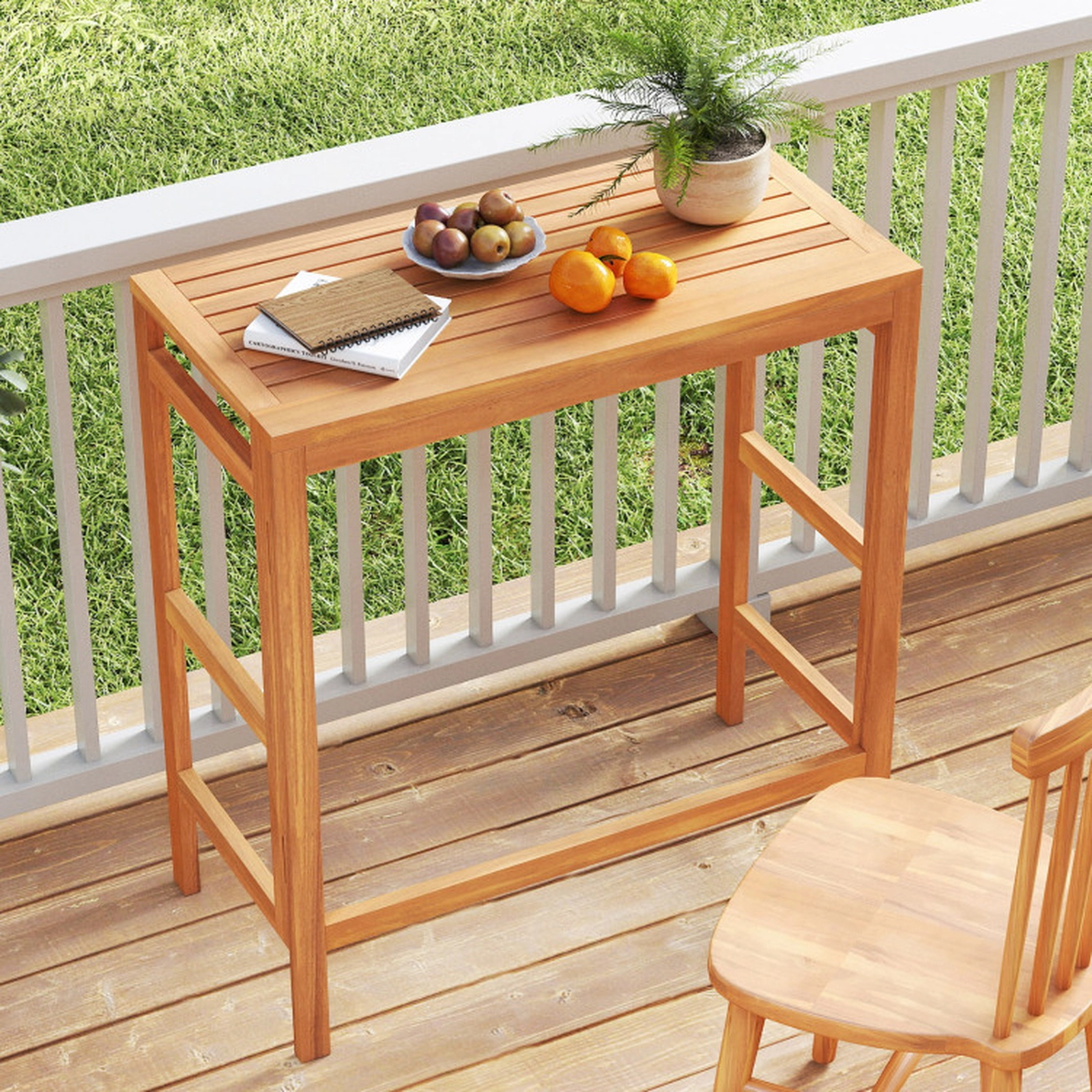 SUGIFT Acacia Wood Outdoor Bar Table Natural Folding Slatted Top for Balcony