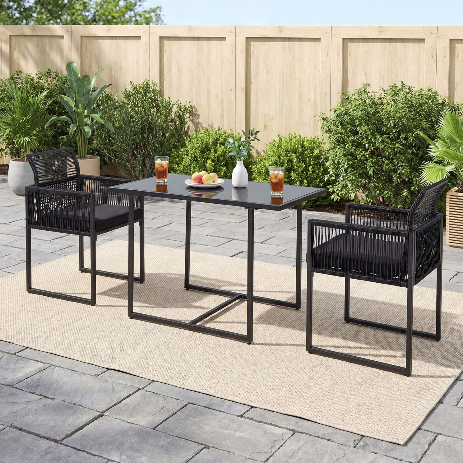 SUGIFT 3-Piece Black Patio Dining Set, Folding Rattan Chairs, 42.5-In Tempered Glass Table
