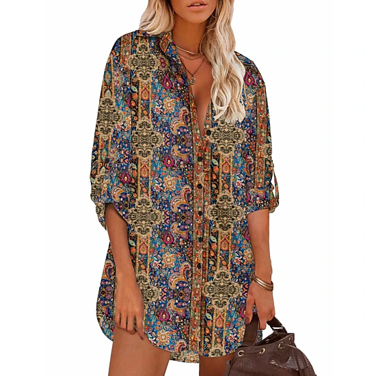 Zeagoo Women's Collared Three Quarter Sleeve Shirt Dress