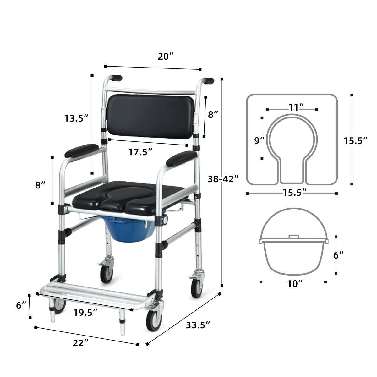 SUGIFT 2-in-1 Commode and Shower Wheelchair, 220 lb Capacity, Locking Casters, Safety Belt